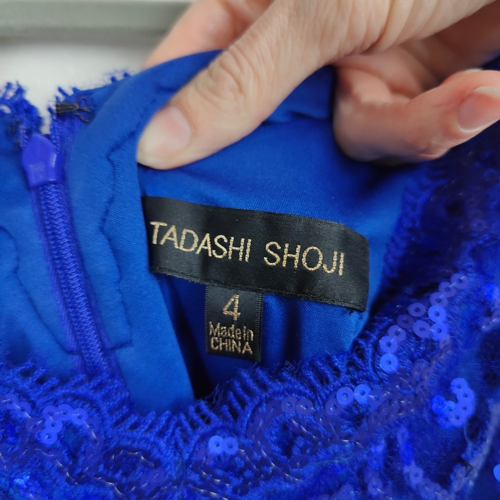 Tadashi Shoji Dress Womens 4 Royal Blue Sequin Lace V-Neck‎ Cap Sleeve Glam - Picture 7 of 9